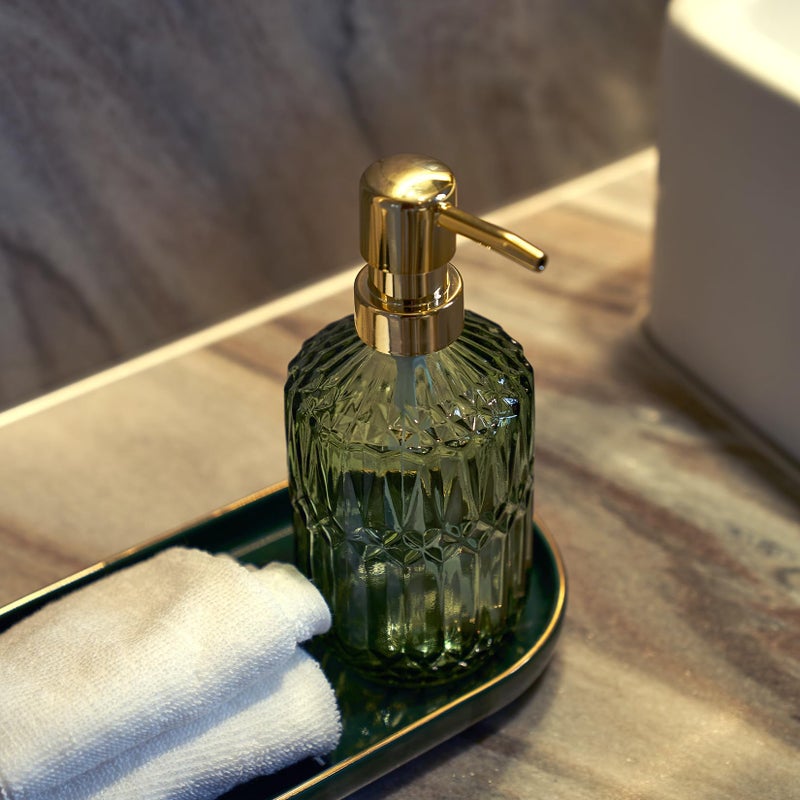 Osfvn Glass Soap Dispenser Green Bottle Gold Plastic Pump Refillable Kitchen Sink Countertop Hand Dish Dispensers - Image 5